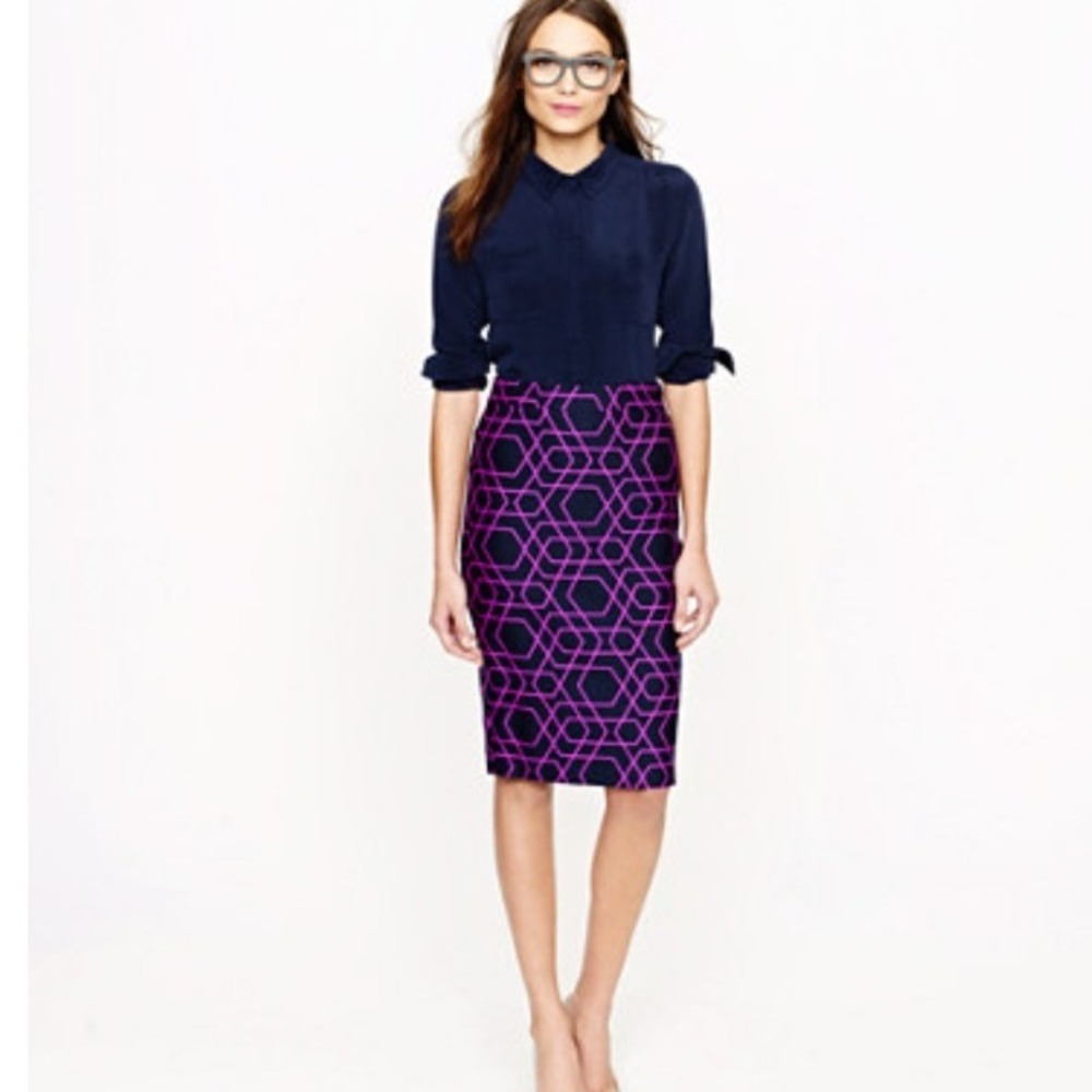 J.Crew The Pencil Skirt Navy Magenta Geometric Honeycomb Print Size 4 Stretch